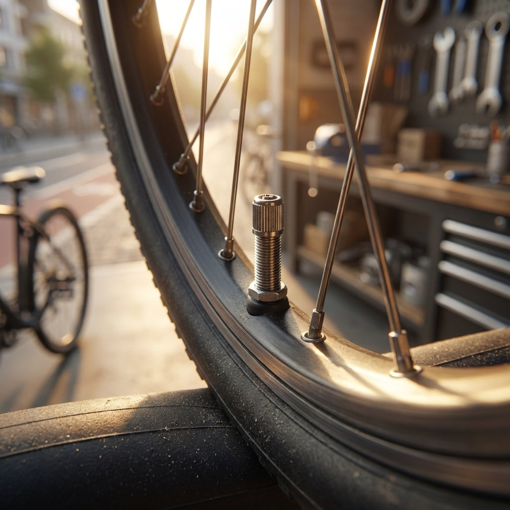 Schwalbe Fahrradschlauch AV17 VM mit 40 mm AV-Ventil, Nahaufnahme am Laufrad in Fahrradwerkstatt bei Sonnenlicht.