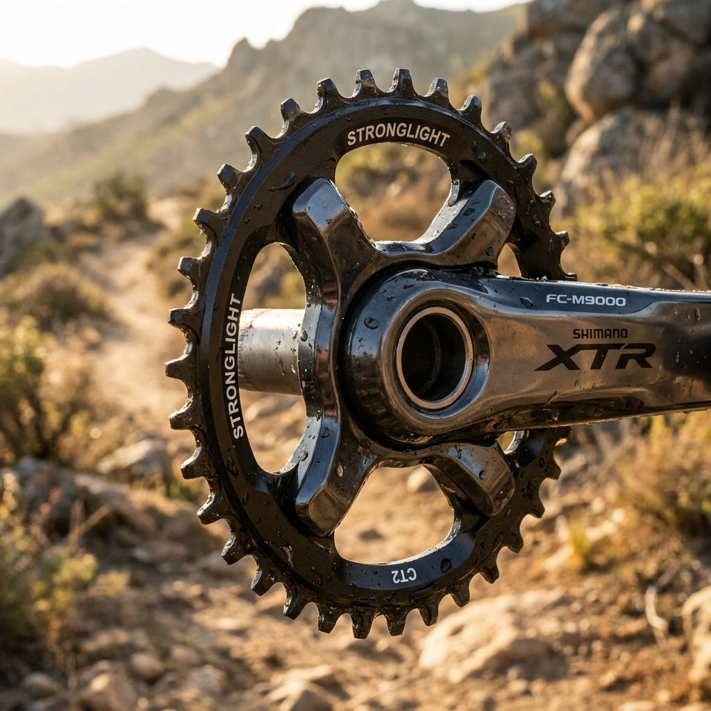 Stronglight CT2 Kettenblatt schwarz 30Z an Shimano XTR FC-M9000 Kurbel im Mountainbike-Gelände.