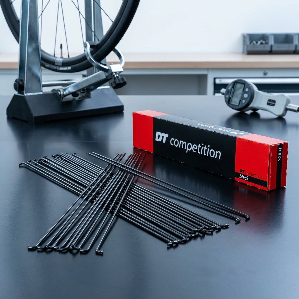 DT SWISS Competition J-Bend Speichen schwarz, 100 Stück im Karton, ausgelegt auf Werkbank mit Laufrad.