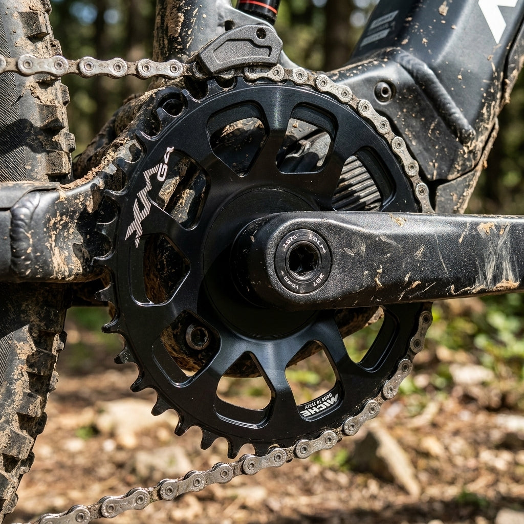 Miche E-Bike Kettenblatt XM G4 34 Zähne am schmutzigen Mountainbike-Antrieb mit Kette und Kurbel.