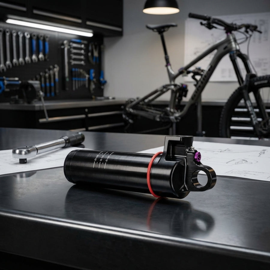 ROCKSHOX Vivid C1+ 2024+ Dämpfer Body Assembly Standard 70 mit Eyelet in Fahrradwerkstatt auf einer Werkbank.