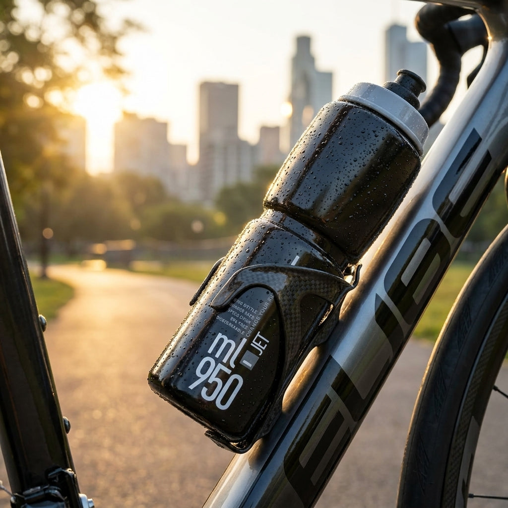 Elite Jet 950 ml Trinkflasche schwarz-grau mit Wassertropfen am Fahrrad vor einer sonnigen Stadtkulisse.