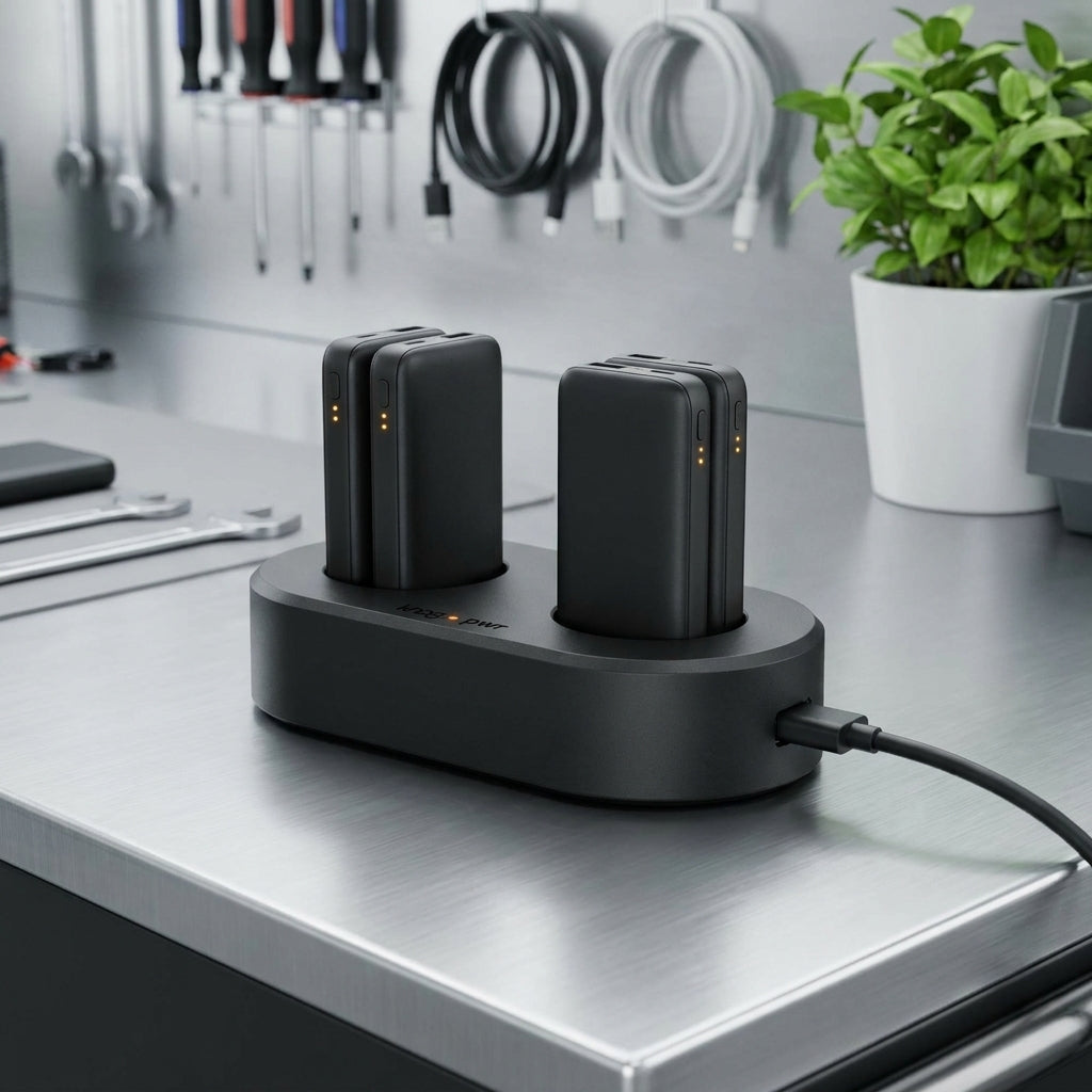 Knog Aufladestation PWR Dock schwarz lädt zwei Knog PWR Banks auf Werkbank.