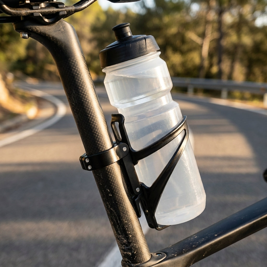XLC Adapter schwarz für Trinkflaschenhalter an Sattelstütze, hält Wasserflasche am Carbon-Fahrrad auf Straße.