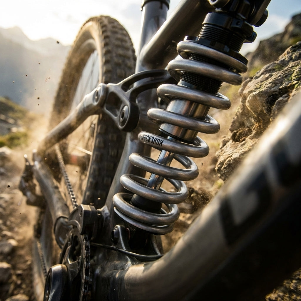 Graue Rockshox Feder für Vivid/Kage Hinterraddämpfer am Mountainbike in staubiger Offroad-Fahrt.