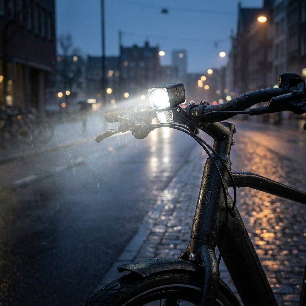 Schwarzer AXA NXT 30 Dynamo-Scheinwerfer 30 Lux mit Steady-Light-Funktion am Fahrrad im Regen.