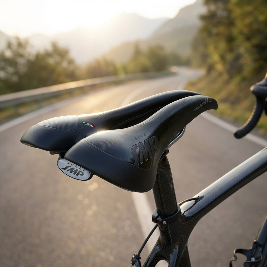 Hochwertiger Selle SMP Well M1 Gel Fahrradsattel schwarz auf Carbon-Rennrad, Straße und Berge im Hintergrund bei Sonnenunterg