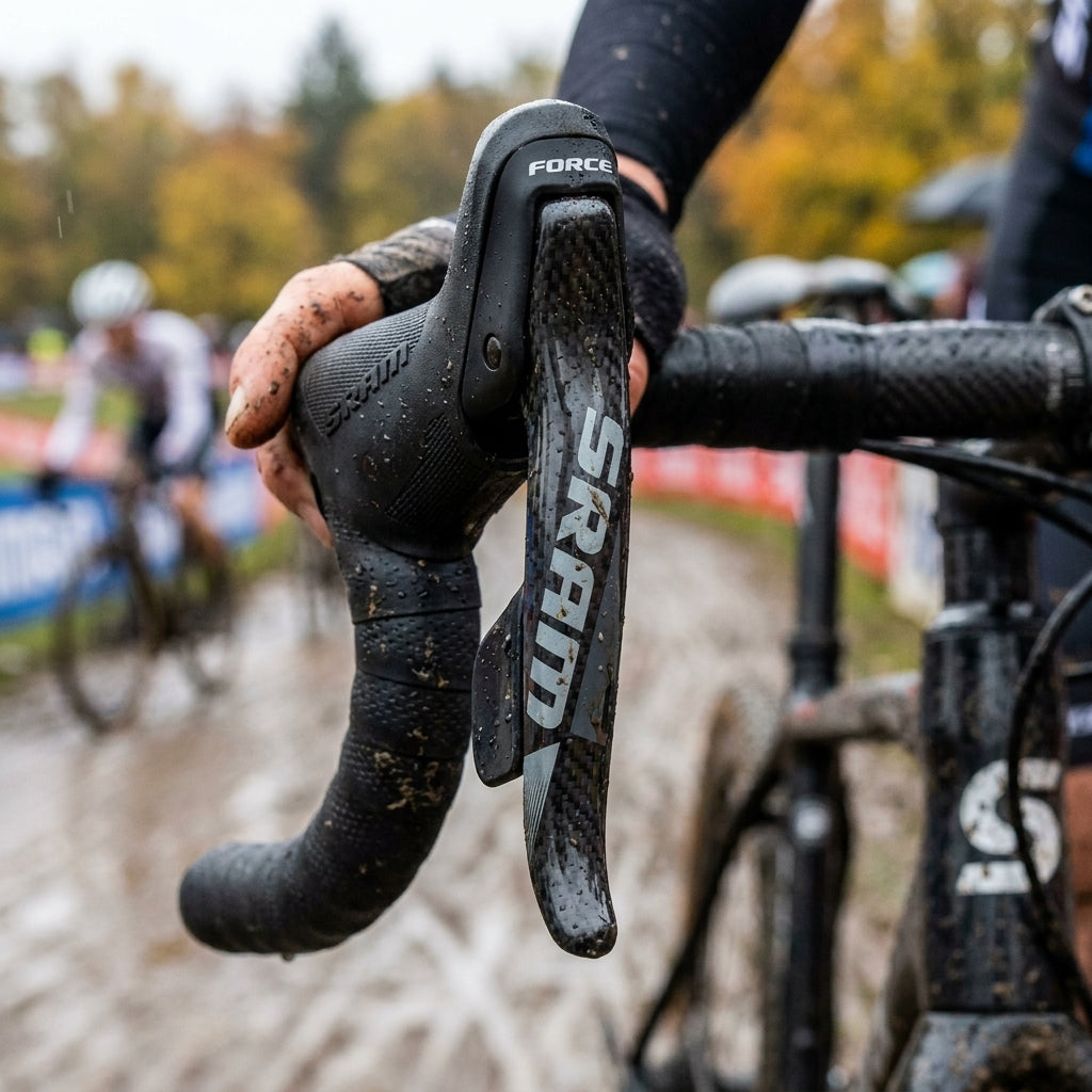 SRAM Force CX1 Carbon Bremshebel links vorne am Cyclocross-Fahrrad bei schlammigen Bedingungen.
