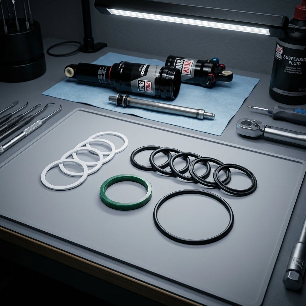 RockShox Monarch HR Dämpfer Air Can Service Kit mit O-Ringen und Dichtungen auf grauer Unterlage.