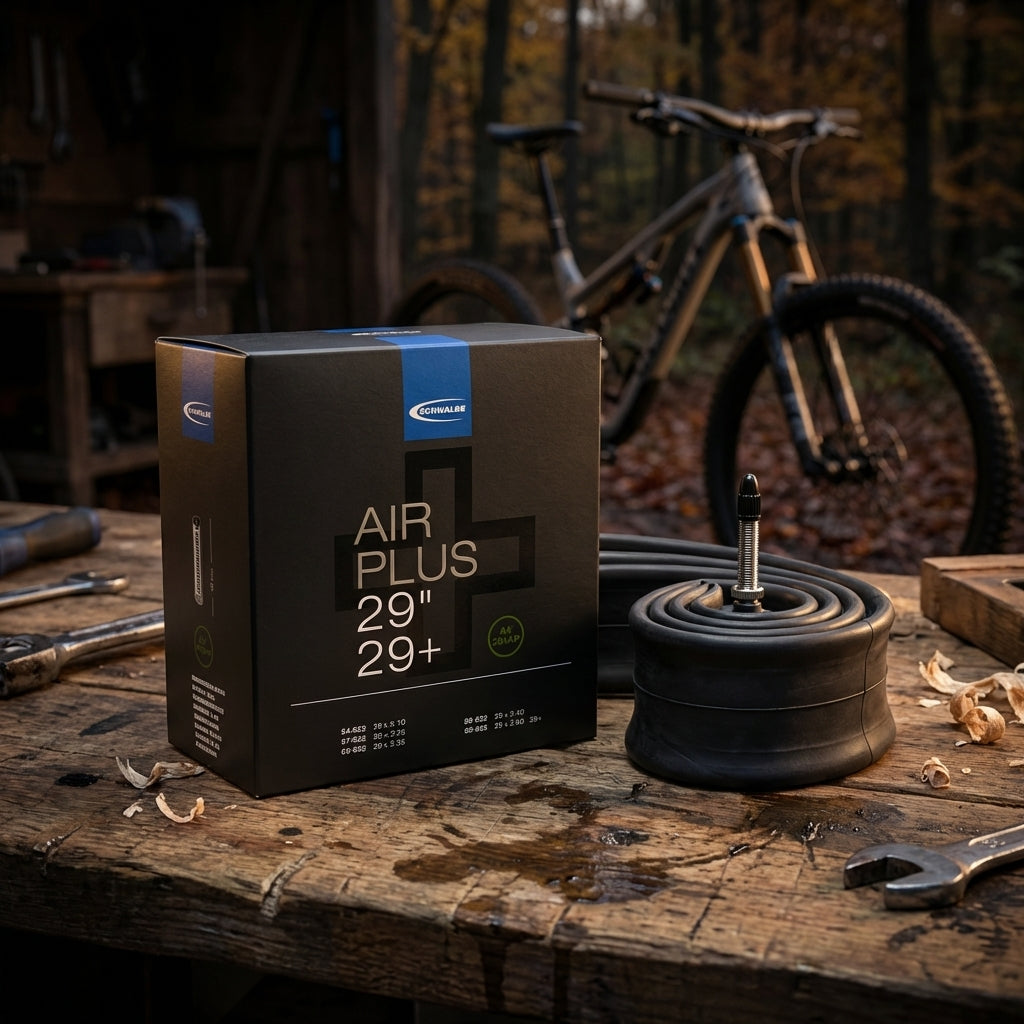 Schwalbe Air Plus Fahrradschlauch AV19AP 29 Zoll auf Werkbank mit Mountainbike im Hintergrund.