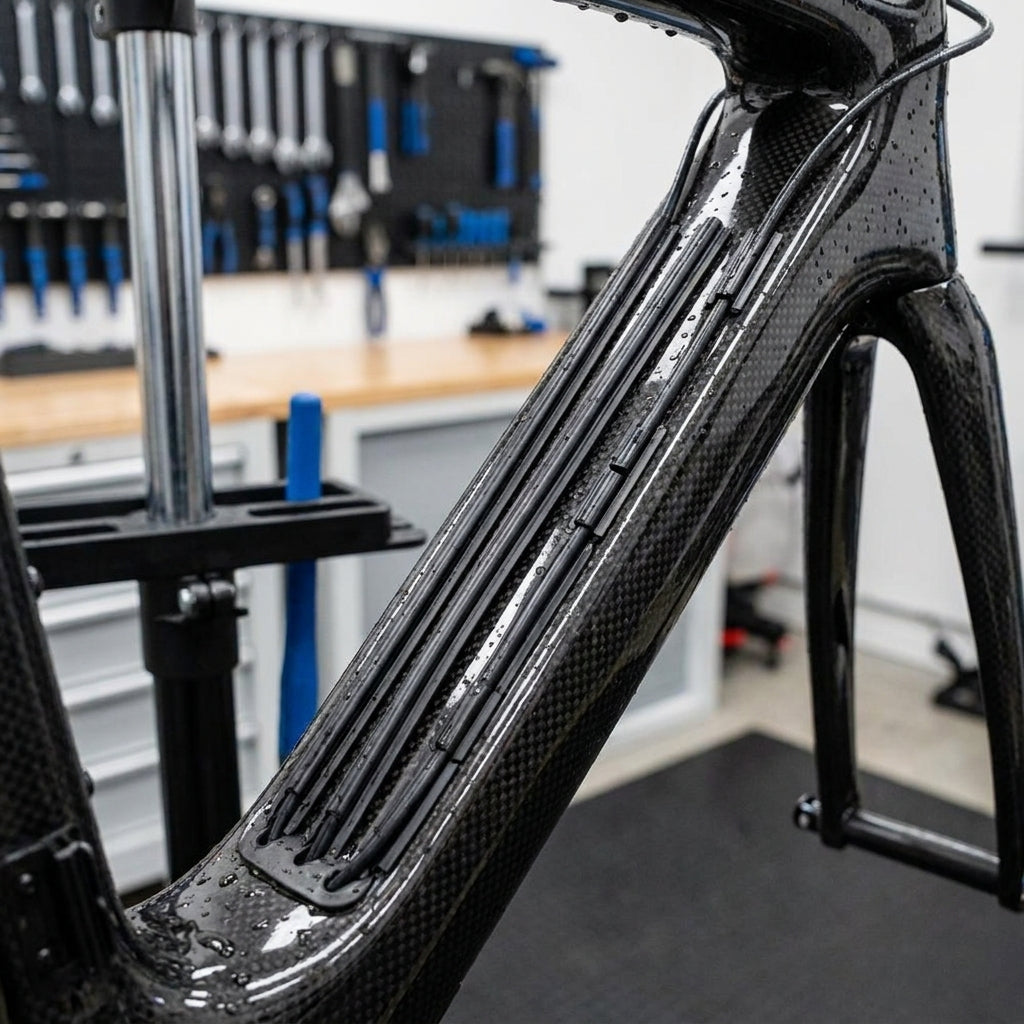 SHIMANO Kabelabdeckung schwarz für Di2 Kabelgehäuse am Carbon-Fahrradrahmen in der Werkstatt.