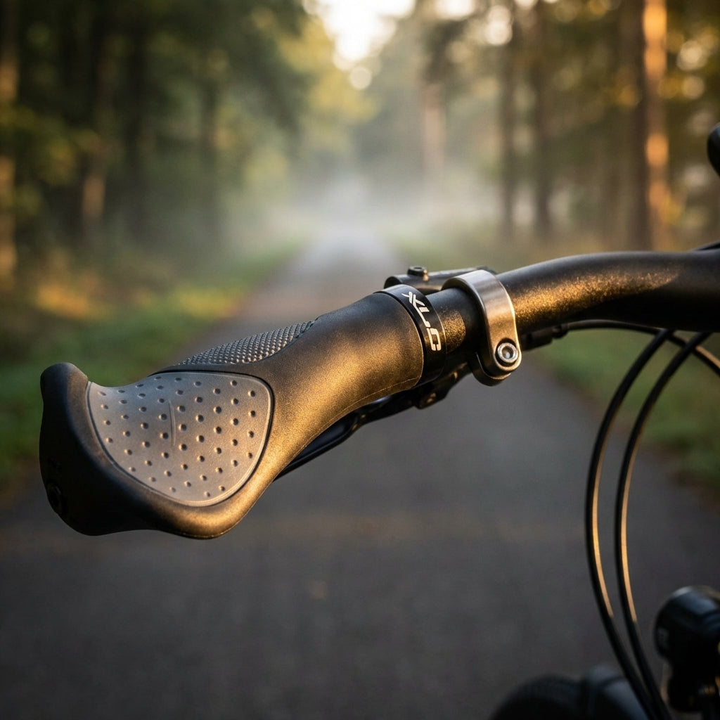 XLC Griffe Ergonomic GR-S22 schwarz/grau am Fahrradlenker, mit nebligem Waldweg im Sonnenlicht.