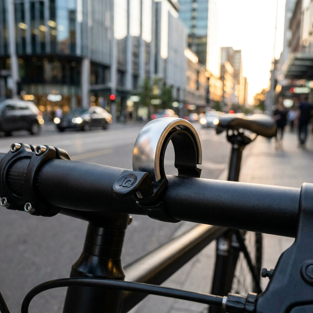 Knog Fahrradklingel Oi Classic schwarz grau am schwarzen Lenker, Stadtstraße im Hintergrund.