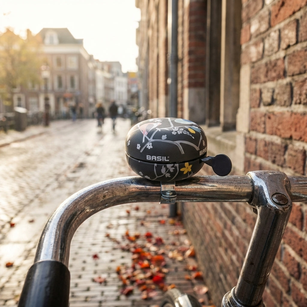 Basil Ding-Dong Fahrradklingel Wanderlust charcoal 80mm mit floralem Muster am Lenker vor Stadtkulisse.