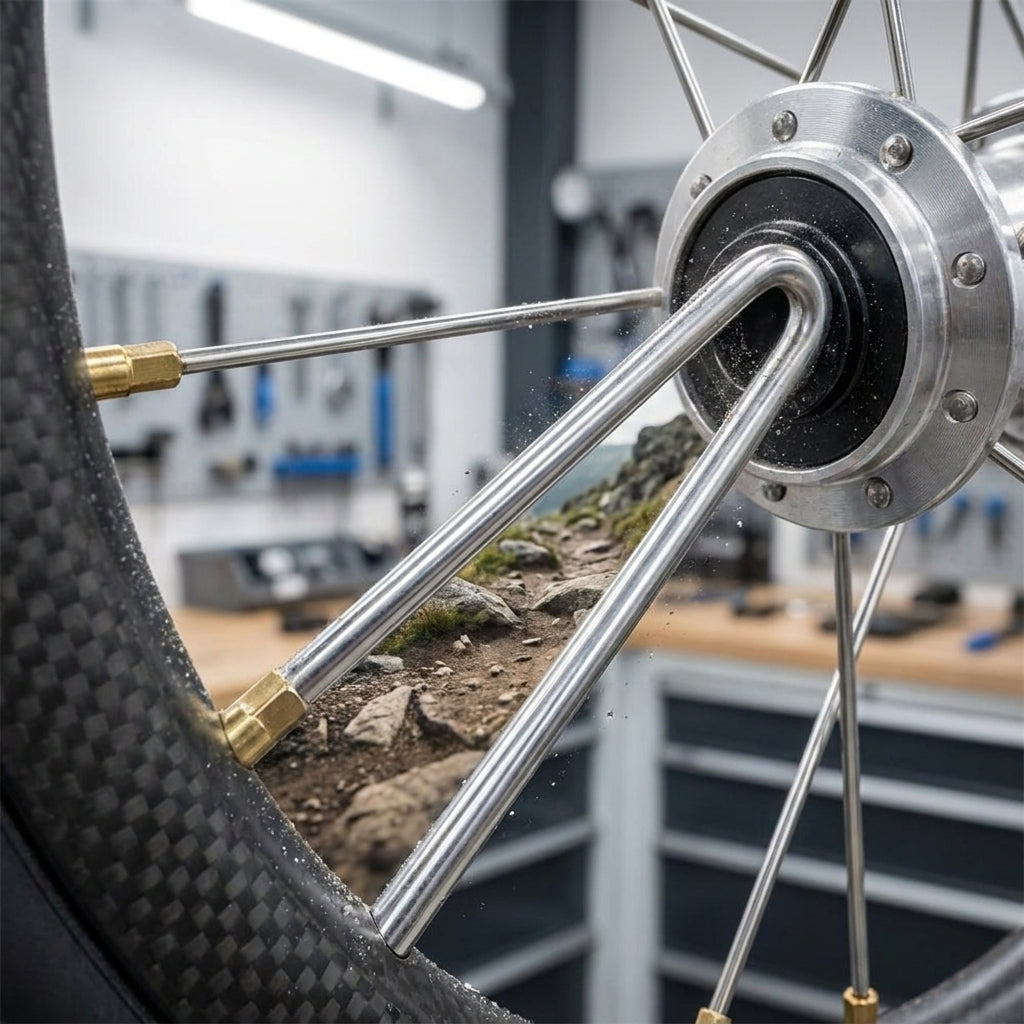 DT Swiss Champion 2.0 J-Bend Speiche silber im Laufrad mit Bergpfad-Illusion, robust für MTB & Straße.