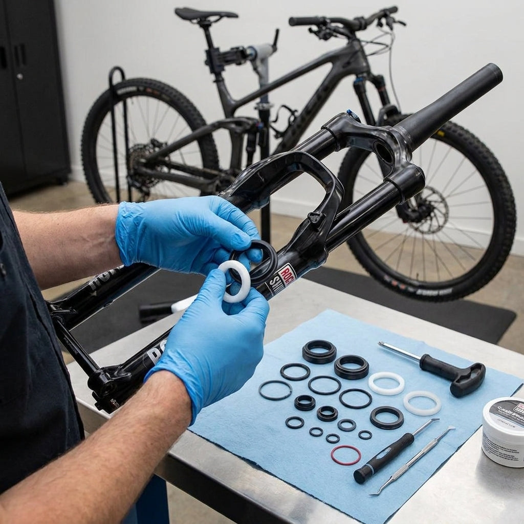 RockShox Federgabel Service-Kit A1 Yari: Mechaniker montiert Dichtungen und O-Ringe für 200 Std/1 Jahr Wartung.