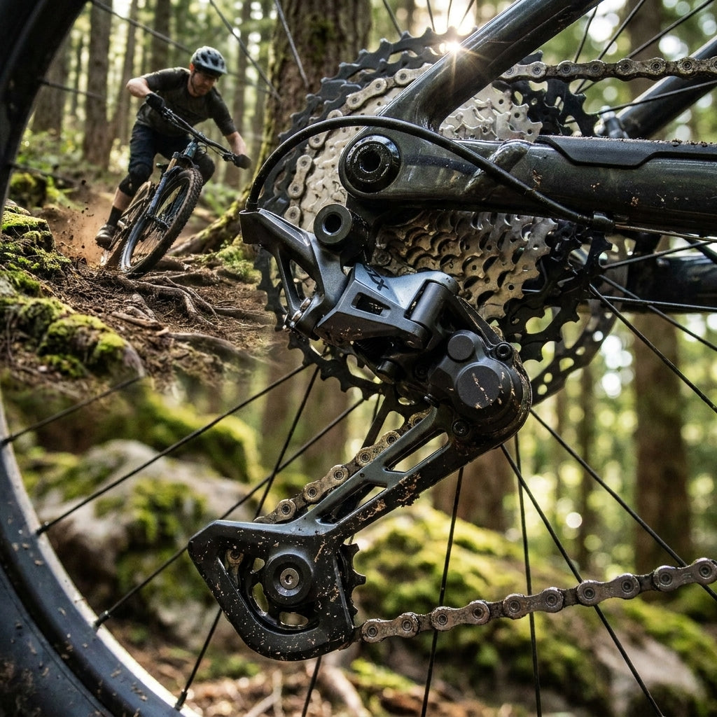 SHIMANO SLX RD-M7100 12-fach Schaltwerk am Mountainbike. Präzises MTB-Schaltwerk für 1x Antrieb und anspruchsvolle Trails.