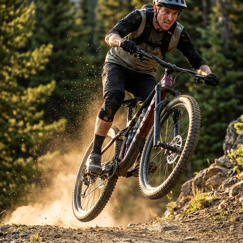Mountainbiker auf Trek Slash 2023+ Gen6 mit RS Super DLX ULT Flight Att. Dämpfer springt auf Trail.