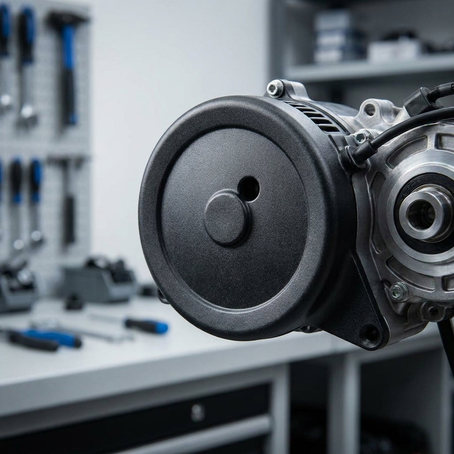 Yamaha PW-X 2017 E-Bike Motor mit schwarzem Cover und rechtem Interface in Werkstatt.