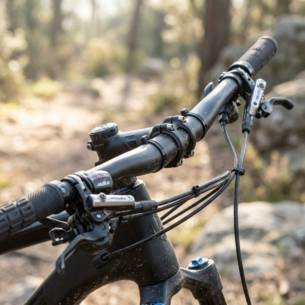 Detailaufnahme eines Mountainbike-Lenkers mit XLC Kabelbindern, die die Schalt- und Bremskabel ordnen.