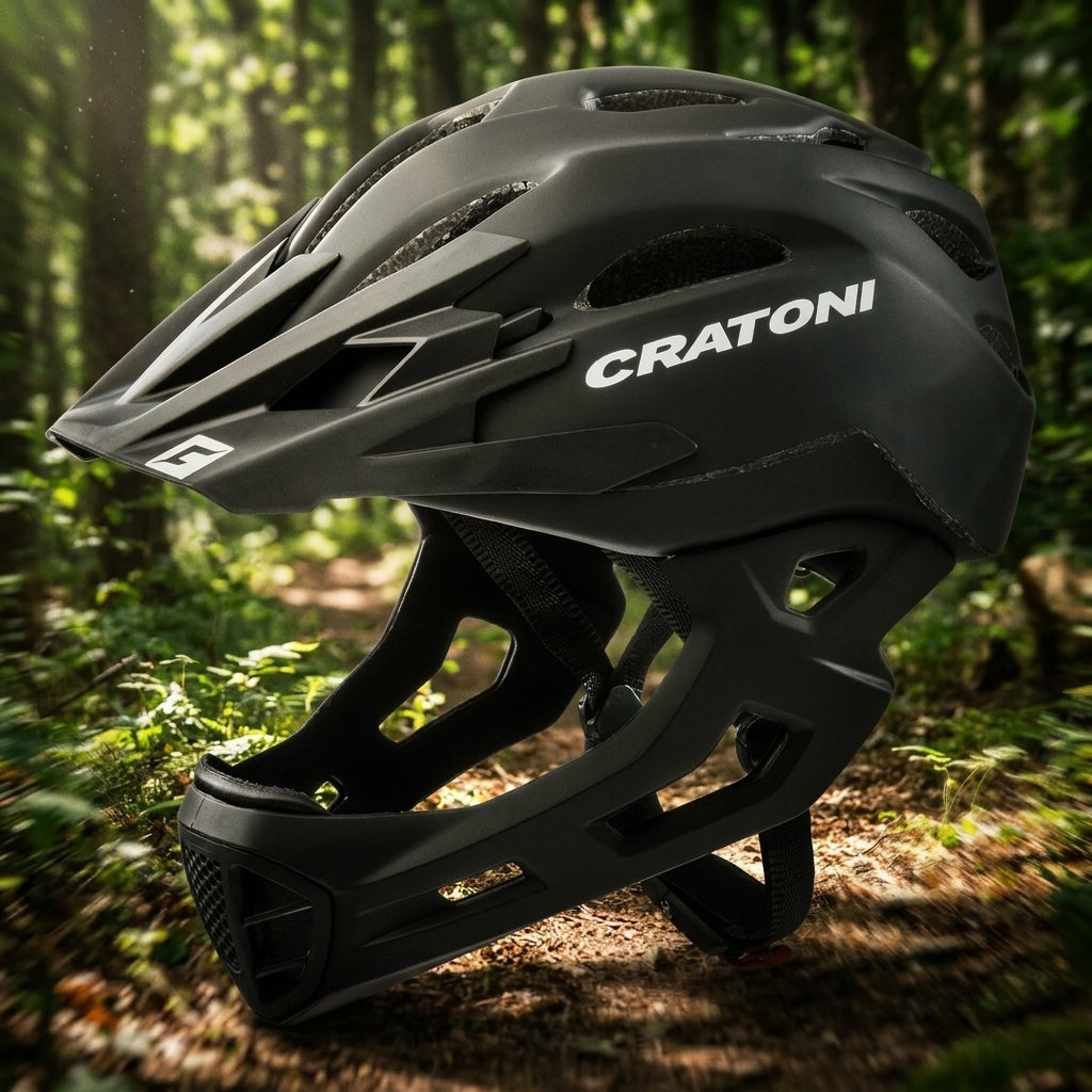 Cratoni Helm C-Maniac Freeride S/M 52-56cm schwarz matt, auf einem Waldweg.