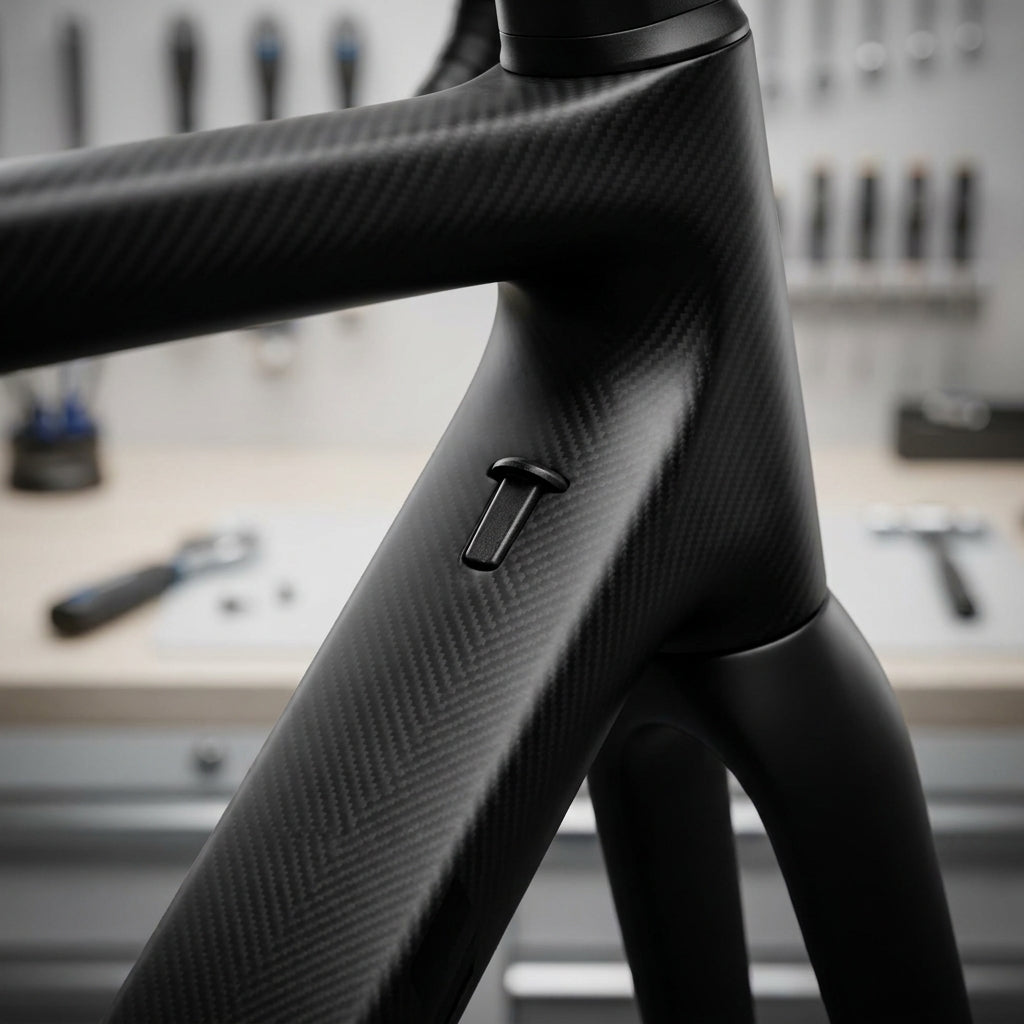 WESTPHAL Verschlussstopfen 803/62 in M5-Bohrung eines schwarzen Carbon-Fahrradrahmens, ideal zum Verschließen von Flaschenhal