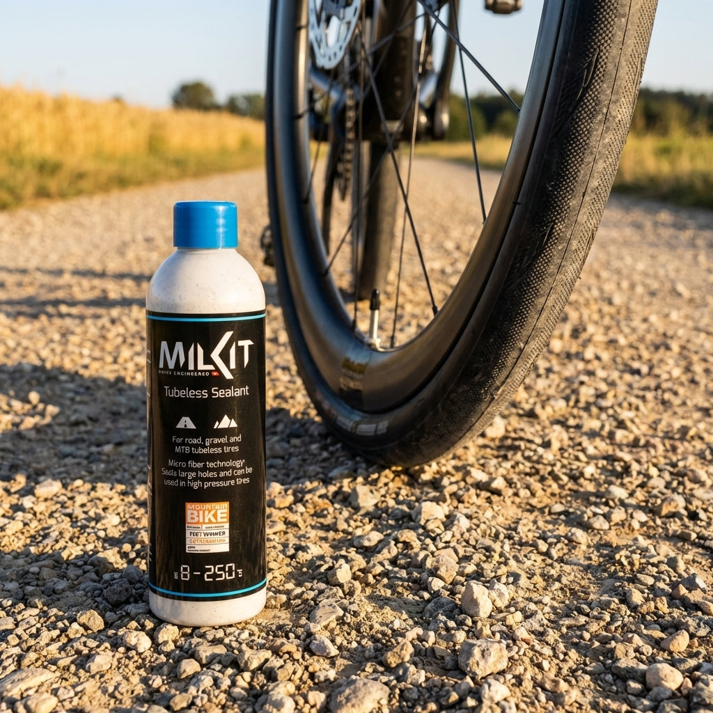 milKit DS4 Tubeless Dichtmilch 250ml für Road & Gravel auf Schotterweg mit Fahrradreifen im Hintergrund