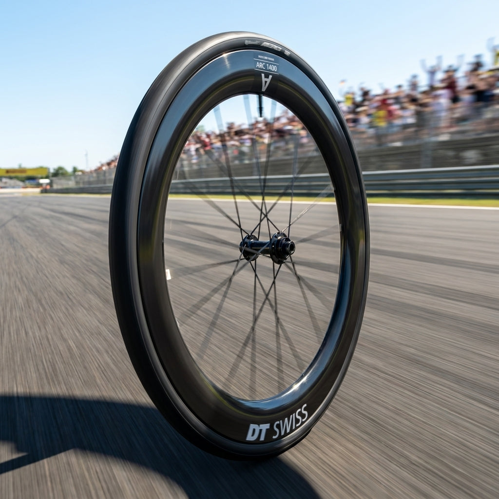 DT Swiss ARC 1400 Dicut 55 Carbon Aero-Rennradlaufrad Road Disc auf Rennstrecke.