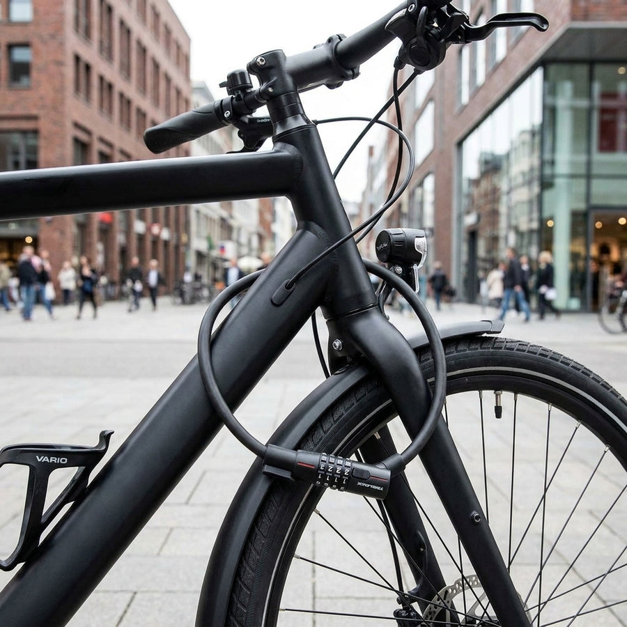 Trelock Zahlenkabelschloss KS 312/85/12 mit Vario-Halter ZK 234 am schwarzen Fahrrad in der Stadt.