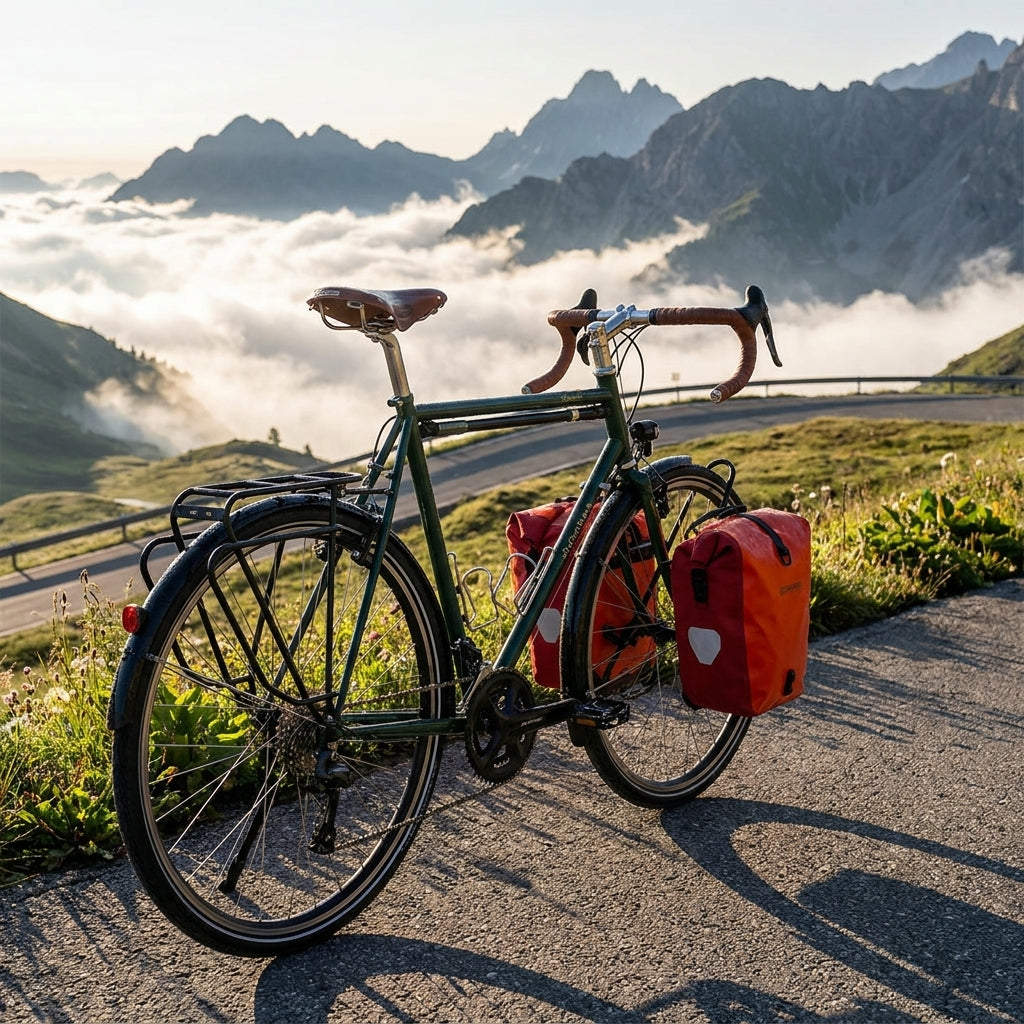 Stabiler Tubus LOGO EVO Touring-Gepäckträger schwarz am Fahrrad in Berglandschaft mit Wolkenmeer.