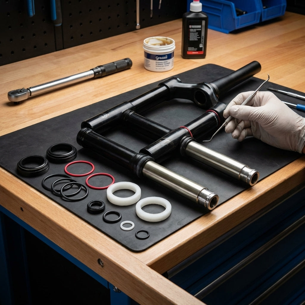 RockShox Pike Solo Air A1 Federgabel Service Kit Basic: Dichtungen und Gabelteile bei der Wartung auf Werkbank.