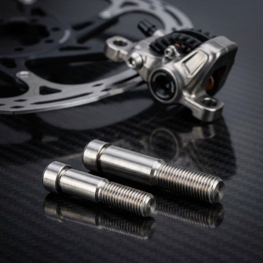 Avid Titan Schrauben-Kit T25 für Fahrradbremsen XX 10 S PM mit Bremssattel und Scheibe auf Carbon-Hintergrund.