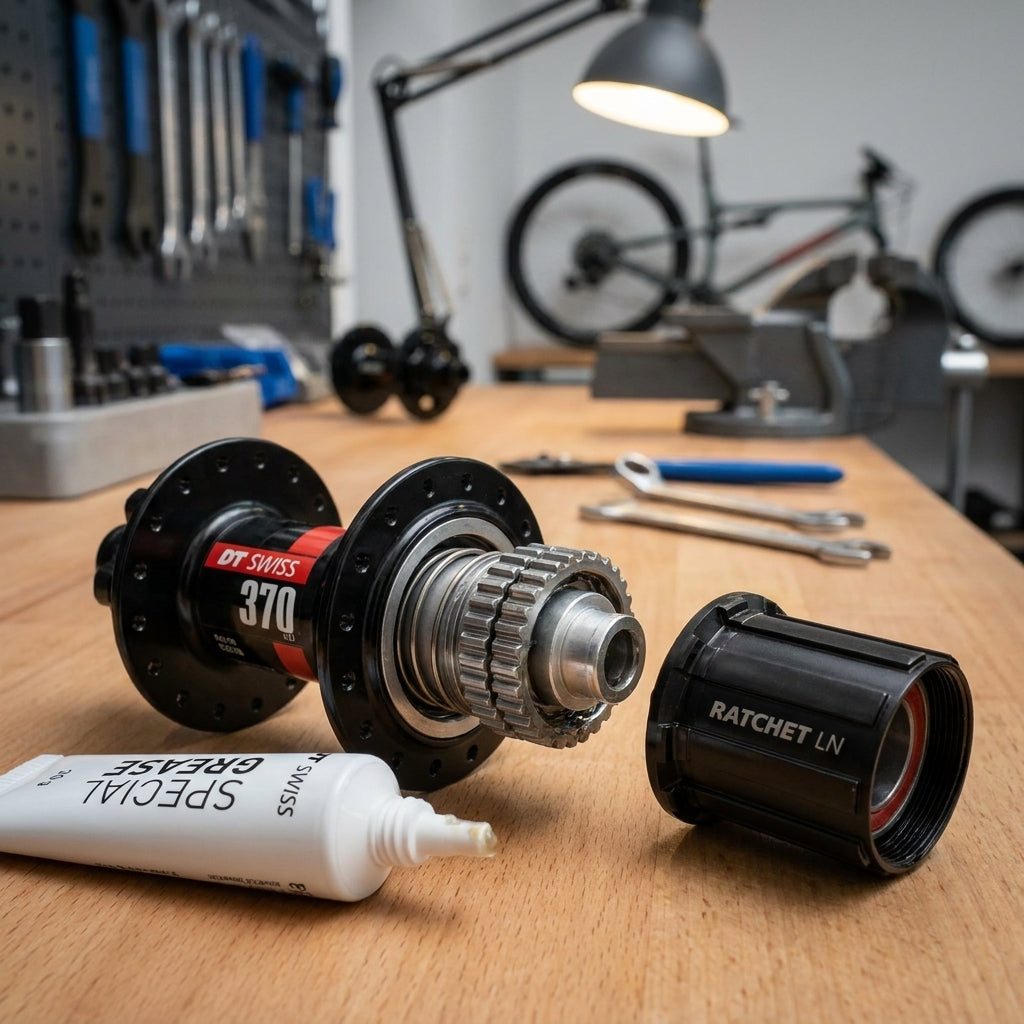 DT Swiss Ratchet LN 18 Zähne Upgrade-Kit mit zerlegter Nabe und Spezialfett auf Werkbank.