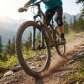 SHIMANO K04TI-MX Titanträger Scheibenbremsbelag am Mountainbike in Aktion auf dem Trail.