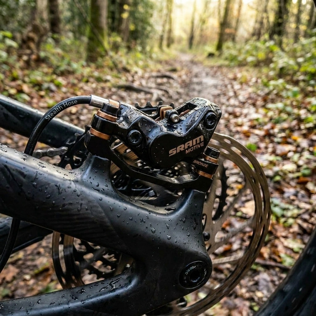 SRAM Motive Bronze 4-Kolben Scheibenbremse hinten Stealth Hose für XC & Trail Bikes. Kraftvoll, präzise, schwarz/bronze Design.