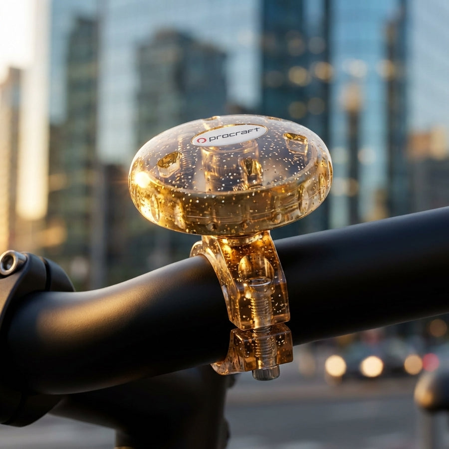 Kleine goldene Procraft Klingel Fun für Fahrräder mit lautem Doppelklang und modernem Design für Stadtradfahrer.