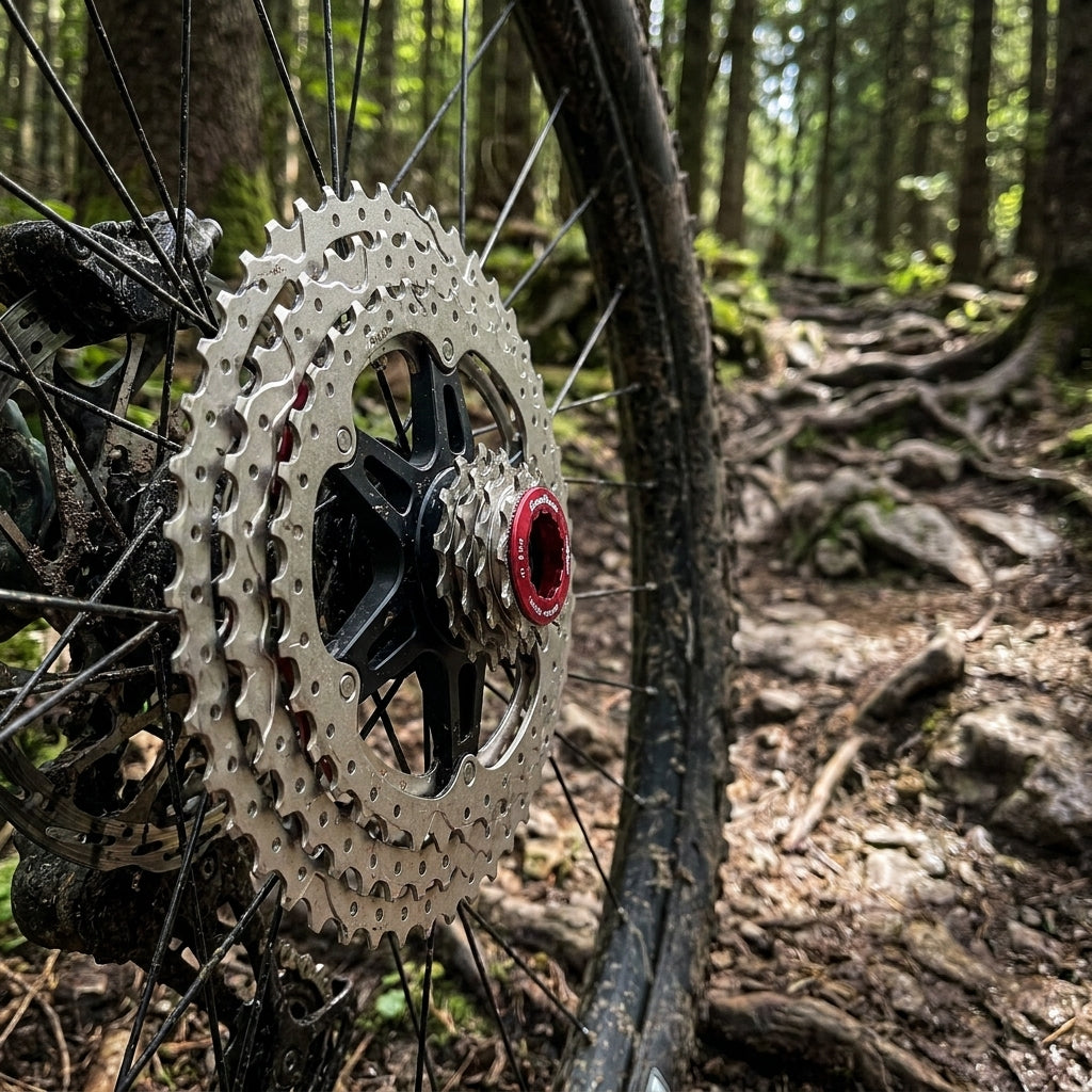 SunRace CSMZ800 12s 11-51T MTB Kassette am schmutzigen Hinterrad auf wurzeligem Waldweg.