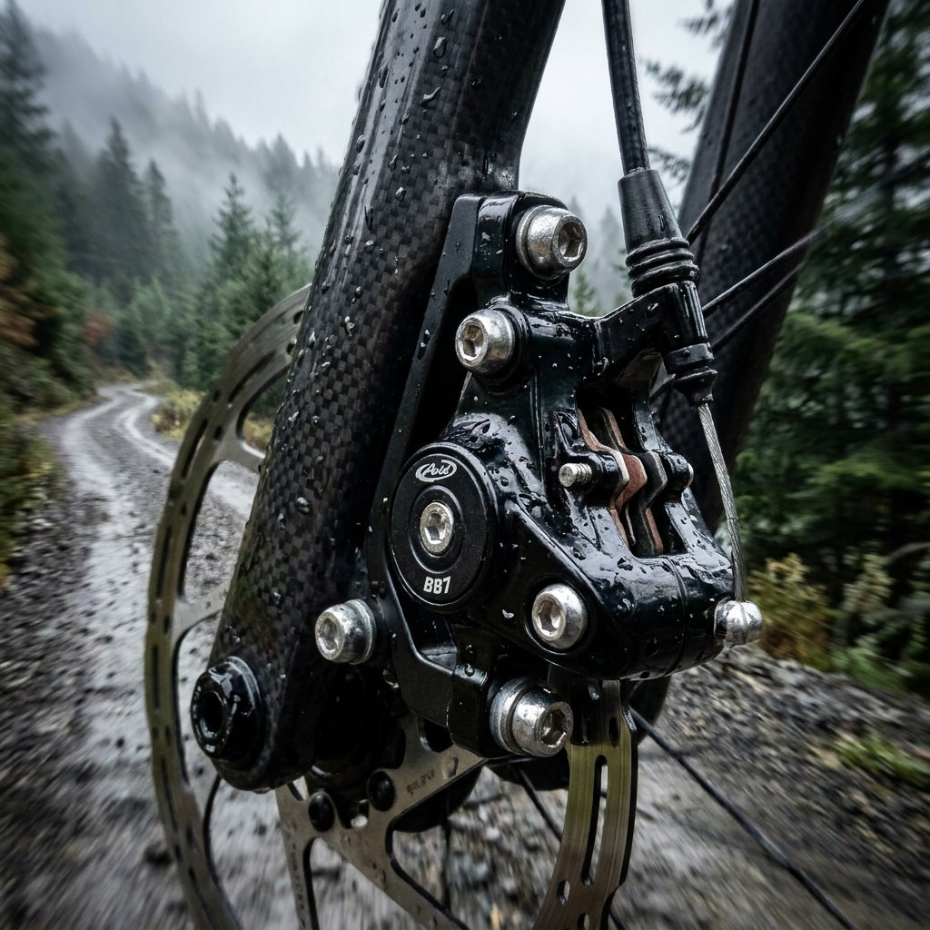 Avid BB7 Road S mechanische Scheibenbremse schwarz am Fahrrad, nass auf Schotterweg mit Wald.