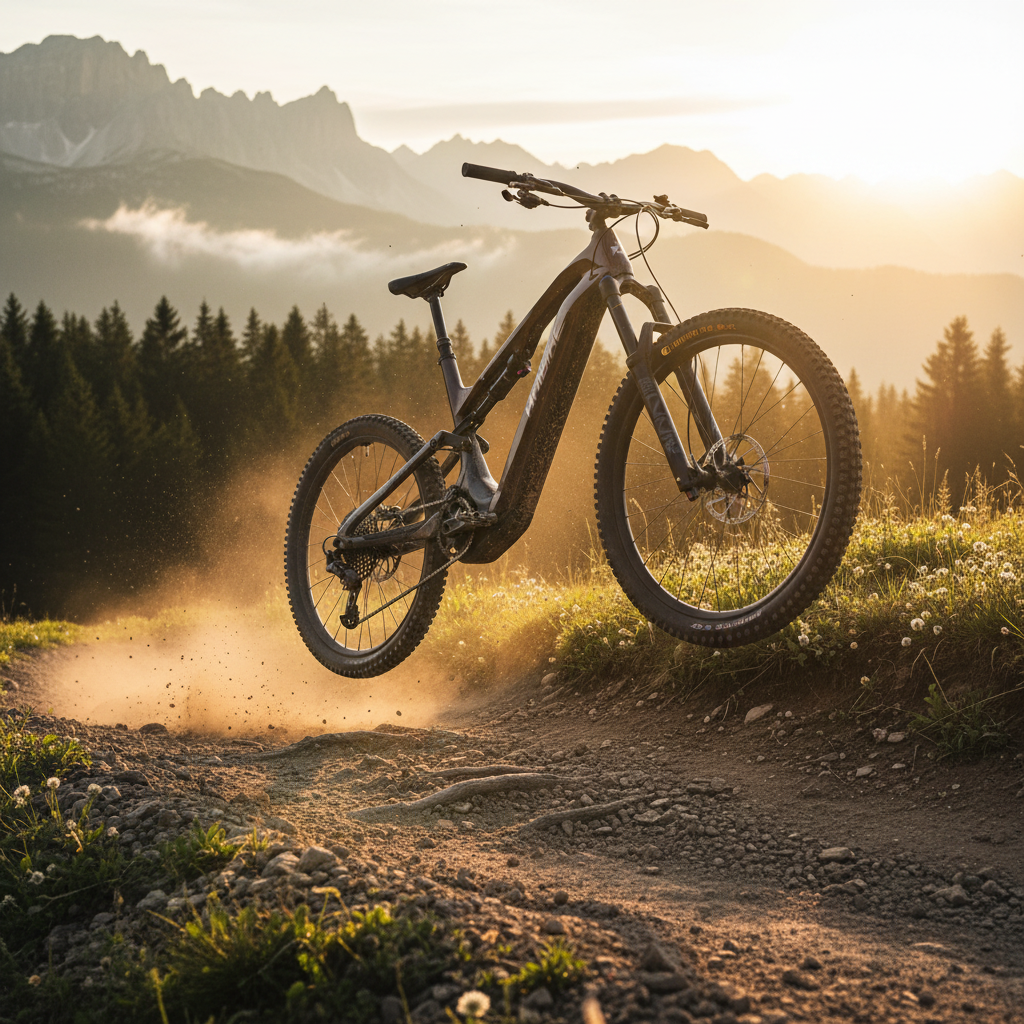 Haibike ALLMTN CF 9 E-MTB schwarz/platin springt auf staubigem Trail vor Alpenpanorama bei Sonnenuntergang.