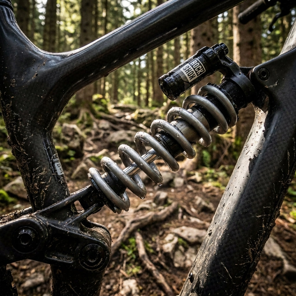 Graue Rockshox Feder und Dämpfer am schlammigen Mountainbike-Hinterbau auf einem Waldweg.