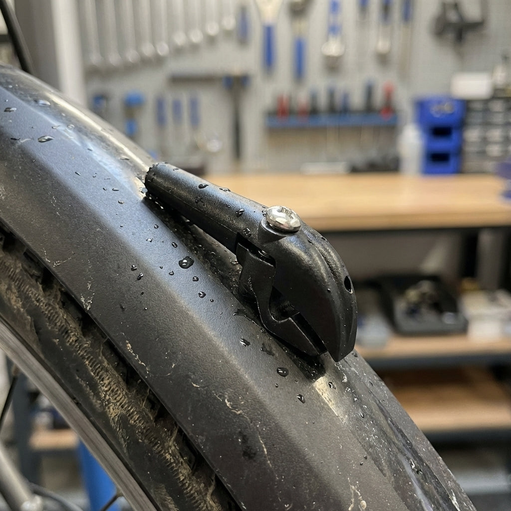 Mix Clip schwarz am Stronglight Schutzblech montiert, mit Wassertropfen auf dem Fender.