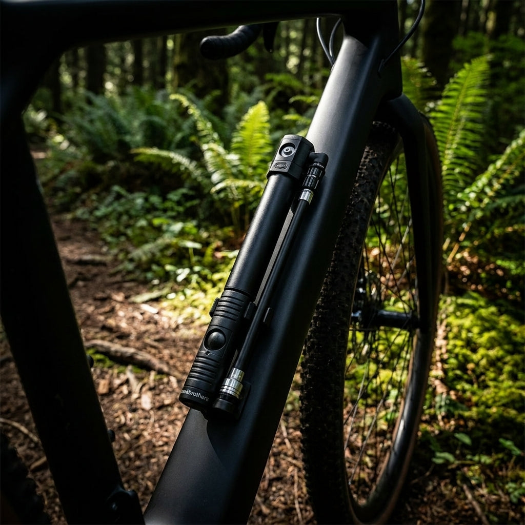 Crankbrothers Klic HV Handpumpe Midnight Edition black mit Rahmenhalter am Fahrradrahmen im Wald.