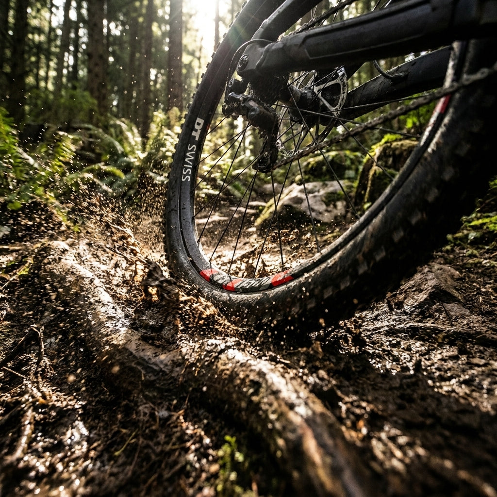 Robustes DT Swiss FR 1500 Classic 27,5" Enduro-/Freeride-Laufrad in Aktion, spritzt Schlamm auf Waldweg.