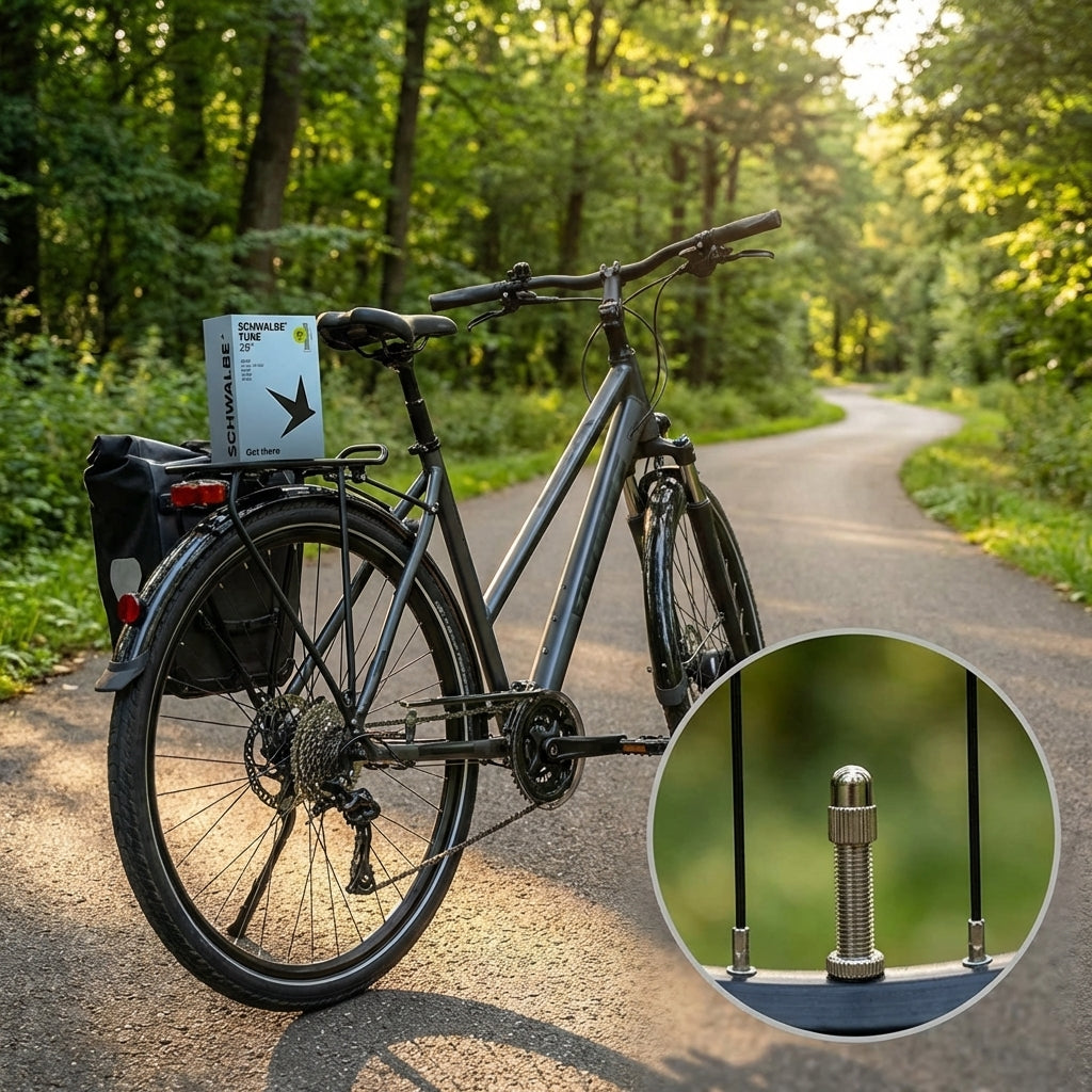 Zuverlässiger Schwalbe Fahrradschlauch AV17 28 Zoll für Trekkingräder am Rad auf sonnigem Waldweg, AV-Ventil.
