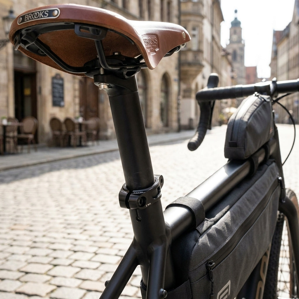 Nahaufnahme XLC Sattelstützklemmring PC-B13 an schwarzem Fahrrad mit Brooks Ledersattel in Altstadtgasse.