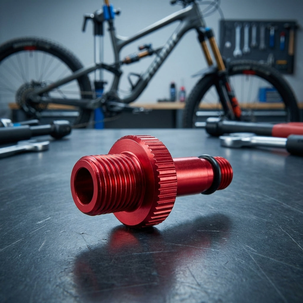 Roter Rockshox Adapter-Werkzeug für Monarch Air Valve auf Werkbank mit Fahrrad im Hintergrund.