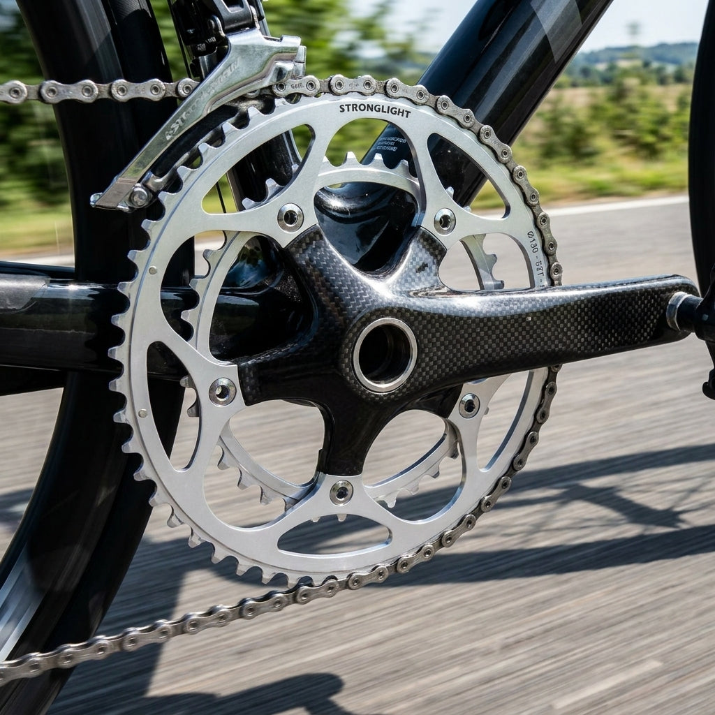 Stronglight RENNRADKETTENBLATT SILBER LOCHKR 130 52Z am Rad mit Carbon-Kurbel in Bewegung.
