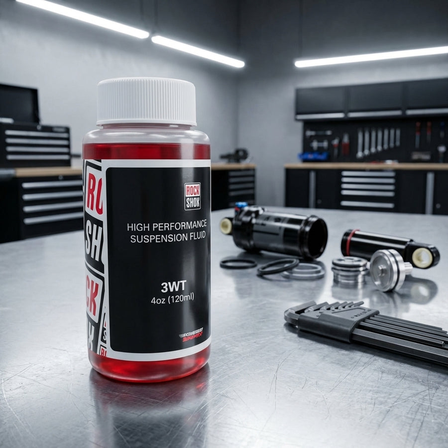 RockShox 3wt 120ml Federungsflüssigkeit in Werkstatt mit zerlegten Stoßdämpfern und Werkzeug.