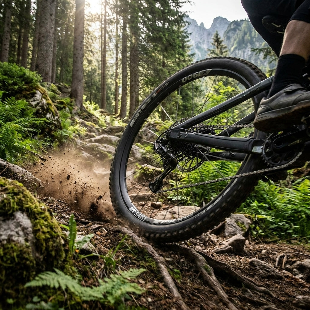 DT Swiss X1900 SPLINE MTB-Hinterrad in Aktion auf felsigem Waldweg, Staub spritzt. Robustes 29" Laufrad.