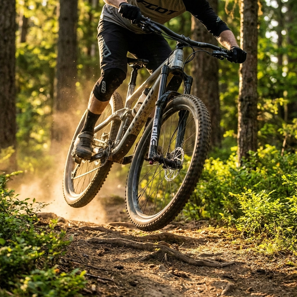 Mountainbike mit Pike Federgabel im Sprung auf einem staubigen Waldweg.